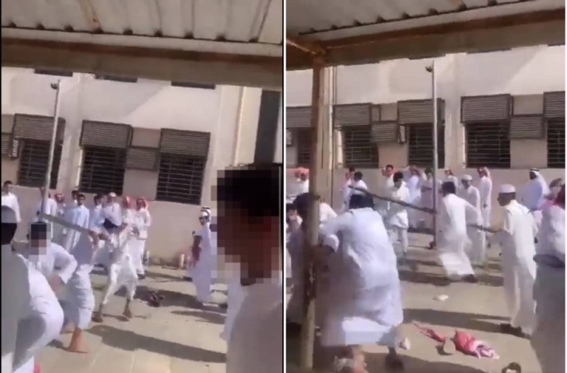 شاهد معركة حامية بين مجموعة طلاب داخل فناء مدرسة في السعودية