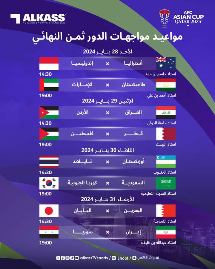 جدول مباريات دور الـ16 في كأس آسيا 2023